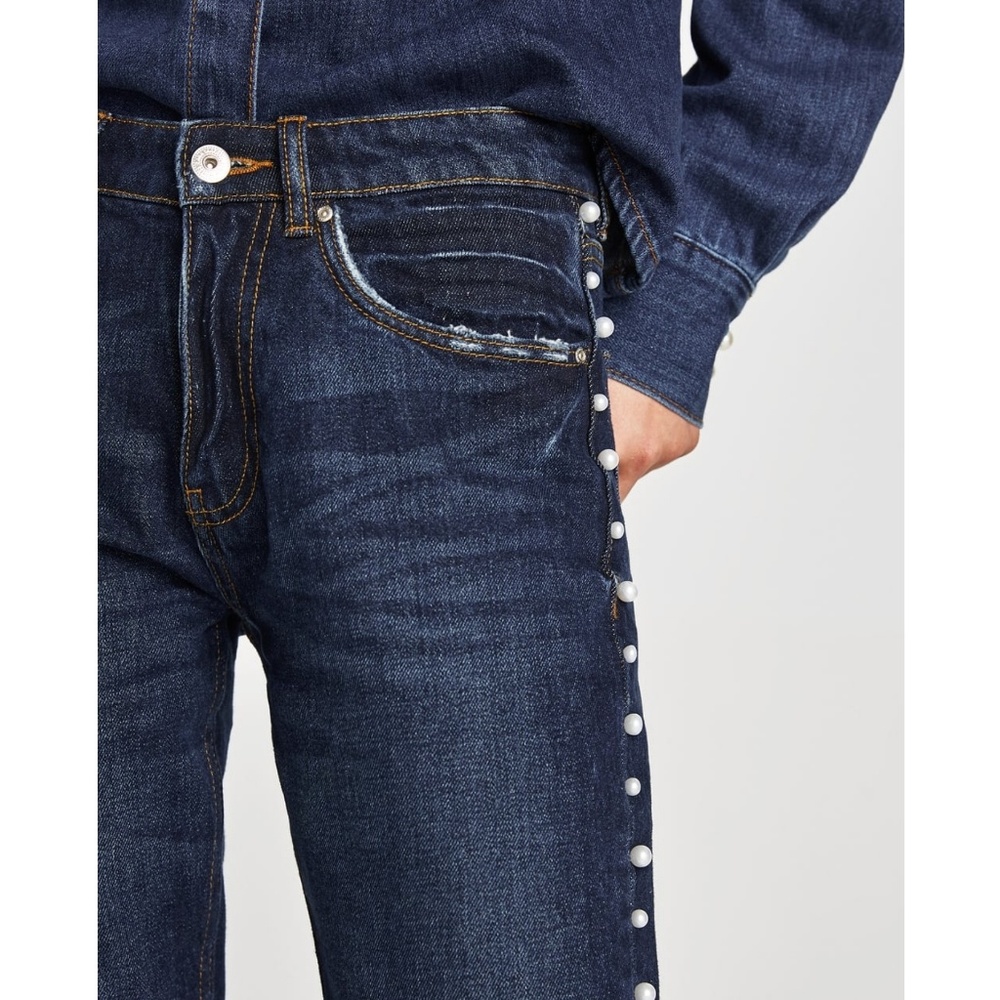 New Zara Pearl Side Strip Dark Blue Jeans 36 - Picture 4 of 8